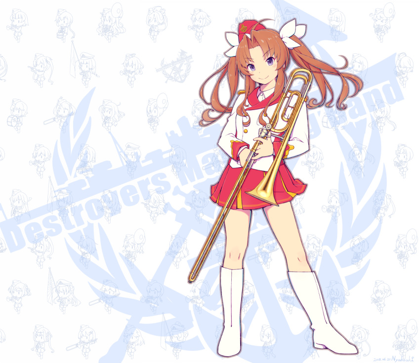 ahoge alternate_costume band_uniform boots brown_hair full_body hair_ribbon instrument kagerou_(kantai_collection) kantai_collection logo long_hair looking_at_viewer nakaaki_masashi pleated_skirt purple_eyes red_skirt remodel_(kantai_collection) ribbon skirt smile solo_focus standing trombone twintails white_footwear yellow_ribbon