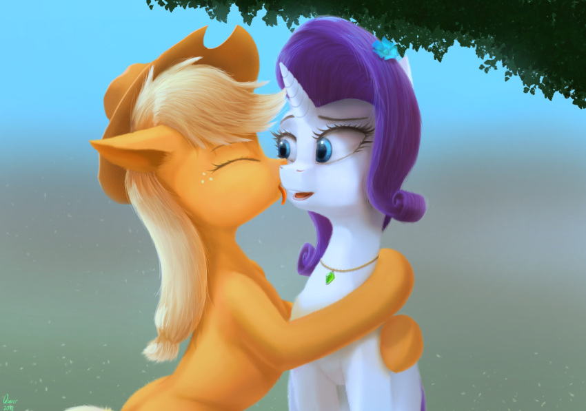 2018 applejack_(mlp) blonde_hair digital_media_(artwork) duo earth_pony equine eyelashes eyes_closed female feral freckles friendship_is_magic fur hair hat horn horse licking long_hair mammal my_little_pony open_mouth pony quvr rarity_(mlp) tongue tongue_out unicorn