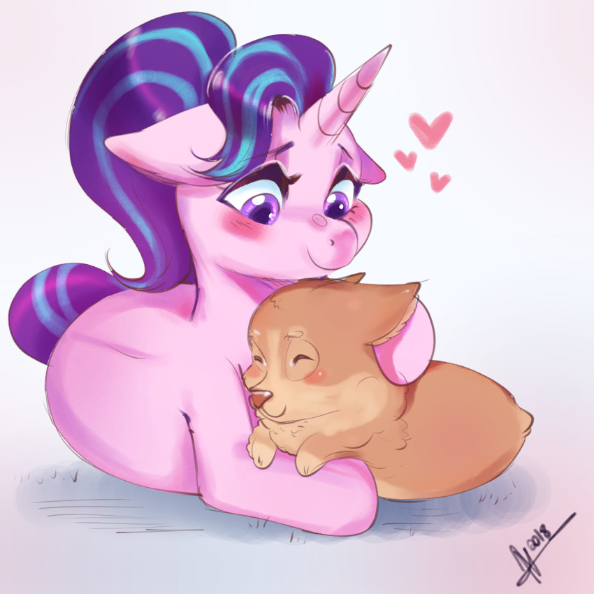 &lt;3 2018 ambiguous_gender blush canine corgi cute dog duo equine eyes_closed female feral friendship_is_magic hair hi_res horn mammal mrscurlystyles multicolored_hair multicolored_tail my_little_pony purple_eyes signature smile starlight_glimmer_(mlp) two_tone_hair unicorn