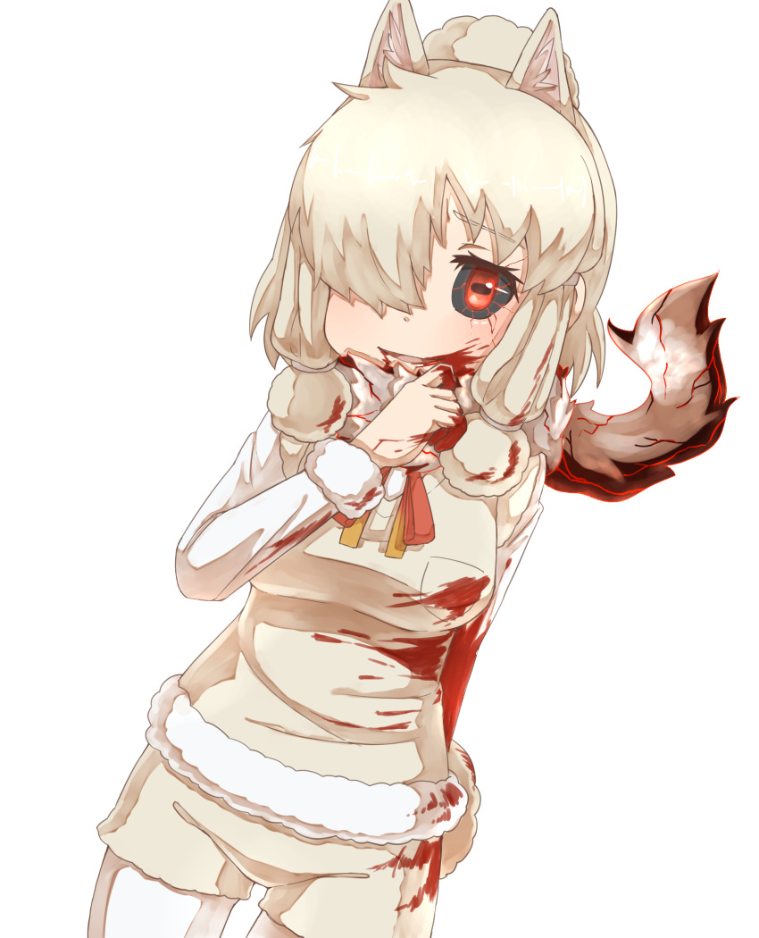 alpaca_suri_(kemono_friends) alpaca_tail arm_at_side black_sclera blonde_hair blood blood_on_face bloody_hands commentary_request extra_ears eyebrows_visible_through_hair fur_collar hair_over_one_eye highres horizontal_pupils kemono_friends parted_lips red_eyes short_shorts shorts simple_background smile solo tail thin_(suzuneya) tokyo_ghoul white_background