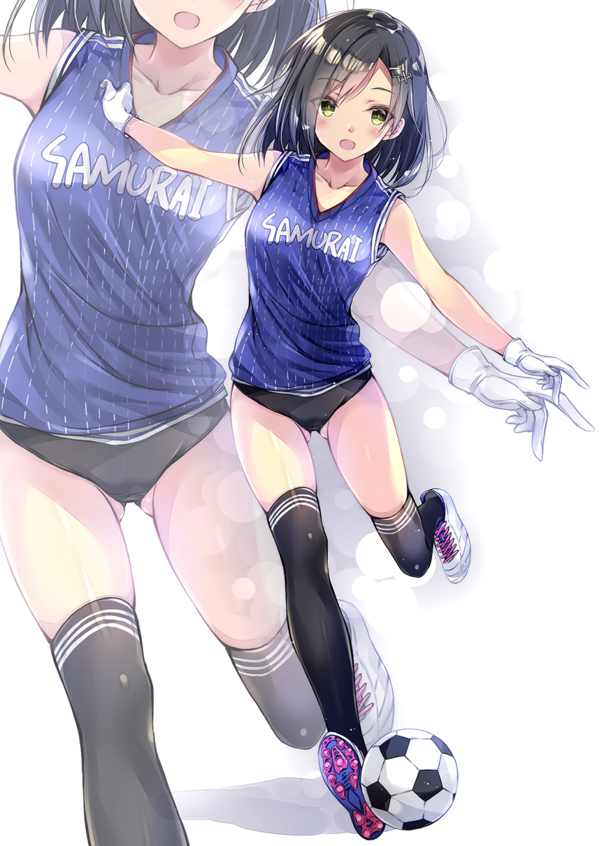 2018_fifa_world_cup ass_visible_through_thighs ball black_hair black_legwear clothes_writing collarbone eyebrows_visible_through_hair eyes_visible_through_hair gloves highres japan kantai_collection kobayashi_chisato kuroshio_(kantai_collection) medium_hair open_mouth outstretched_arms remodel_(kantai_collection) running shoes simple_background sleeveless smile sneakers soccer soccer_ball soccer_uniform solo sportswear spread_arms telstar thighhighs white_background white_gloves world_cup yellow_eyes zoom_layer