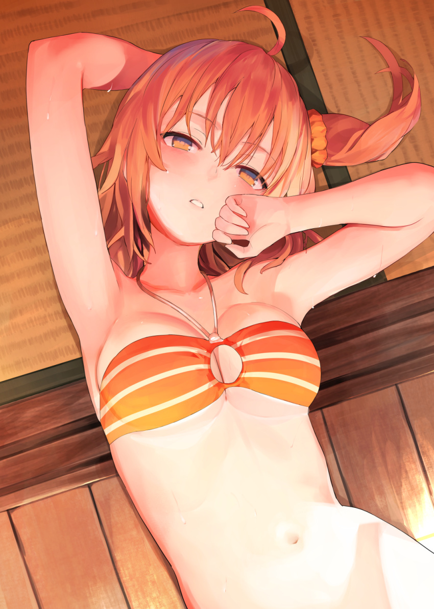 ahoge arm_behind_head arm_up armpits bangs bare_shoulders bikini bikini_top blush bottomless breasts brilliant_summer cleavage cleavage_cutout clenched_hand collarbone commentary dutch_angle fate/grand_order fate_(series) from_above fujimaru_ritsuka_(female) groin hair_between_eyes hair_ornament hair_scrunchie half-closed_eyes halter_top halterneck hand_to_own_mouth hand_up head_tilt highres hips horizontal_stripes looking_at_viewer lying medium_breasts nanotaro navel o-ring o-ring_bikini o-ring_top on_back on_floor one_side_up orange_bikini orange_bikini_top orange_eyes orange_hair orange_scrunchie out-of-frame_censoring parted_lips scrunchie short_hair sideboob solo straight_hair striped striped_bikini striped_bikini_top sweat swimsuit tatami underboob upper_body white_bikini white_bikini_top wooden_floor