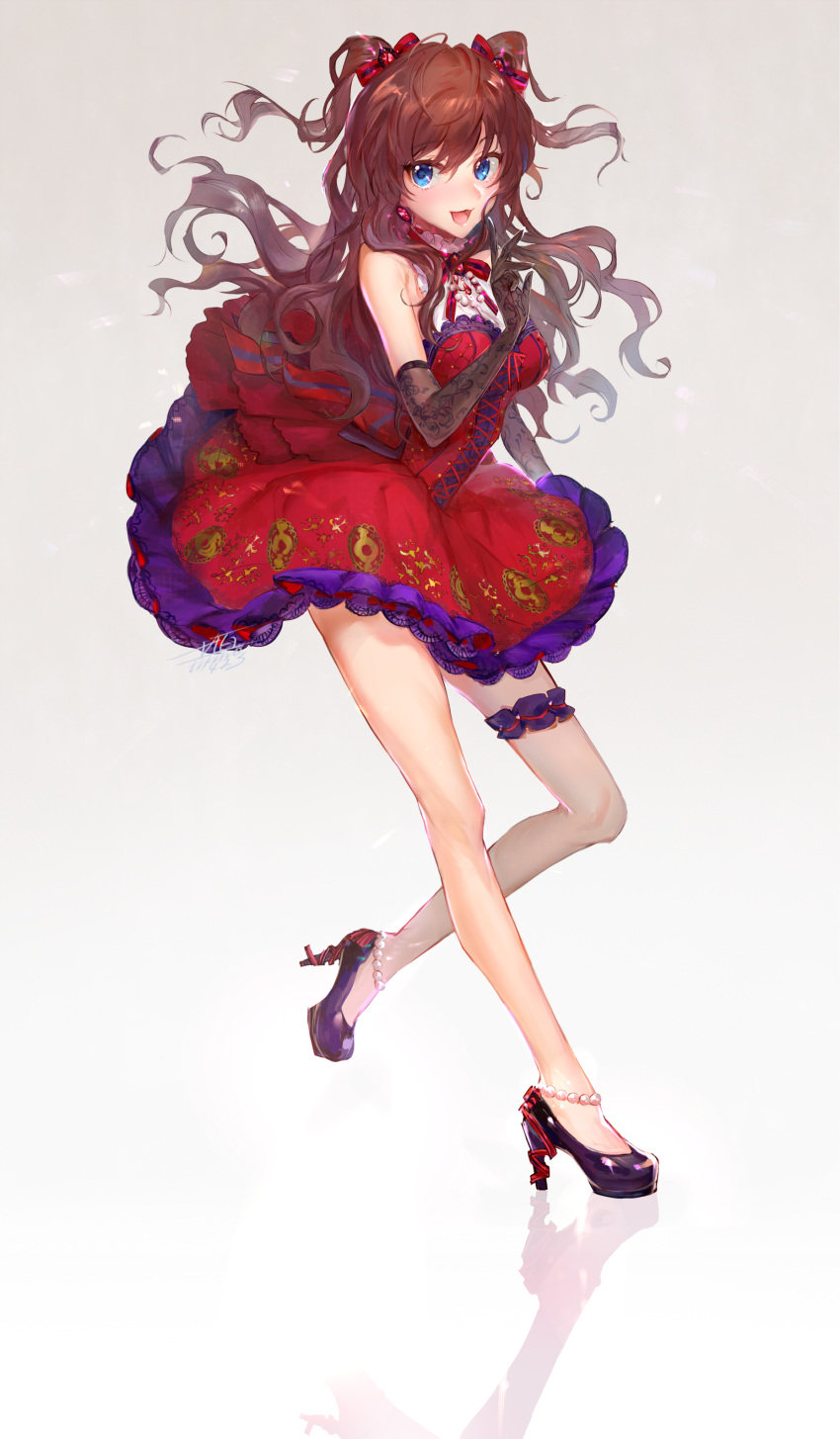 :d absurdres anklet black_footwear black_gloves blue_eyes brown_hair dress earrings elbow_gloves full_body gloves gradient gradient_background grey_background hair_between_eyes high_heels highres ichinose_shiki idolmaster idolmaster_cinderella_girls idolmaster_cinderella_girls_starlight_stage jewelry juukyuuhyaku_(tsukuwo243) long_hair looking_at_viewer open_mouth red_gloves short_dress sleeveless sleeveless_dress smile solo standing standing_on_one_leg thigh_strap two_side_up very_long_hair