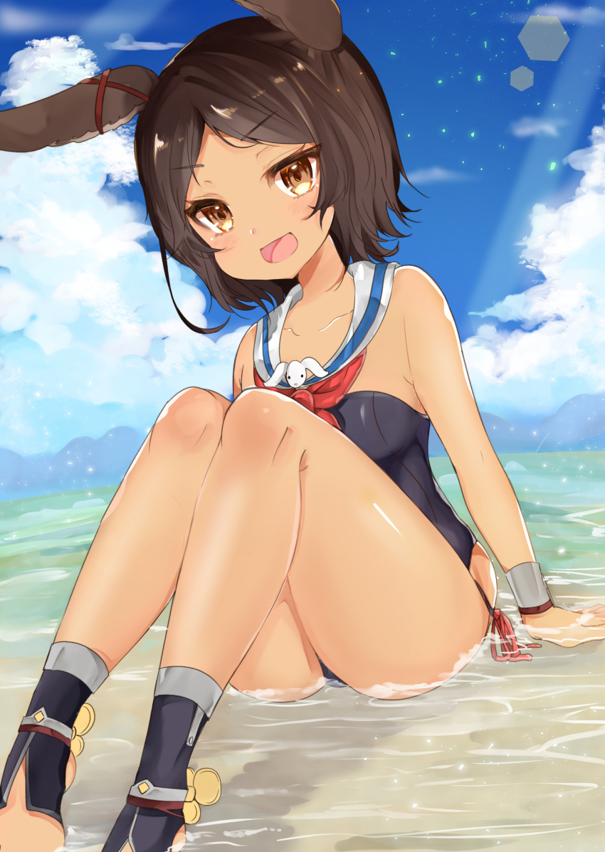 absurdres animal_ears arm_support ass azur_lane bangs barefoot beach black_hair blue_legwear blue_swimsuit blurry blush bokeh bow bracelet breasts brown_eyes bunny_ears cloud collarbone commentary day depth_of_field detached_collar ear_ribbon eyebrows_visible_through_hair full_body happy hexagon highres hip_vent horizon i-26_(azur_lane) jewelry katsushika_pachi legs legs_together light_rays mountainous_horizon neckerchief nontraditional_school_swimsuit ocean open_mouth parted_bangs partially_submerged red_neckwear red_ribbon ribbon sailor_collar school_swimsuit short_hair side-tie_swimsuit sitting sky small_breasts smile solo strapless strapless_swimsuit stuffed_animal stuffed_bunny stuffed_toy sunbeam sunlight swept_bangs swimsuit tan thighs toeless_legwear water white_sailor_collar