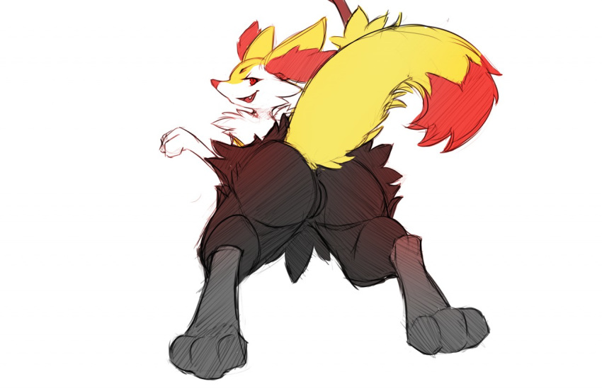 2018 anthro anus black_fur braixen butt digital_media_(artwork) female fur inner_ear_fluff looking_at_viewer looking_back nintendo nude open_mouth pok&eacute;mon pok&eacute;mon_(species) presenting presenting_hindquarters presenting_pussy pussy raised_tail red_fur simple_background smile solo stick video_games watsup white_background yellow_fur