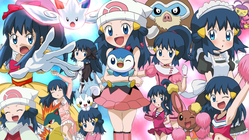 ambipom black_legwear blue_eyes blue_hair buneary cheerleader cocoa_(p_cocoa_f) commentary_request dress gloves highres hikari_(pokemon) holding holding_pokemon holding_pom_poms kindergarten_uniform maid mamoswine md5_mismatch miniskirt pachirisu pajamas pink_dress pink_footwear piplup pokemon pokemon_(anime) pokemon_(creature) pokemon_dp_(anime) quilava scarf skirt swimsuit togekiss white_gloves white_scarf yellow_dress
