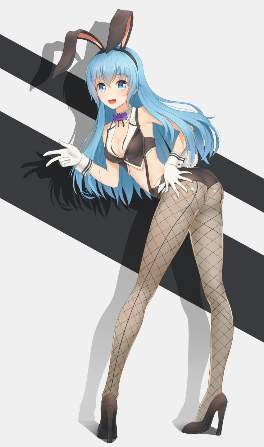 :d anarchojs animal_ears bangs black_footwear black_hairband black_shorts blue_eyes blue_hair blunt_bangs bow bowtie breasts bunny_ears bunny_girl bunnysuit choker cleavage crop_top fake_animal_ears fishnet_pantyhose fishnets floating_hair full_body gloves hair_down hairband hand_on_ass hatsune_miku high_heels highres leaning_forward long_hair looking_at_viewer medium_breasts micro_shorts midriff open_mouth pantyhose pumps purple_bow purple_neckwear shadow shiny shiny_clothes shorts sleeveless smile solo standing suspender_shorts suspenders very_long_hair vocaloid w white_gloves