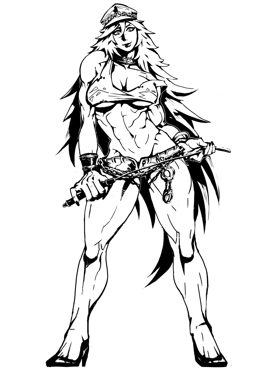 1girl abs breasts cap choker female final_fight handcuffs high_heels jazon long_hair looking_at_viewer monochrome muscle muscular_female navel poison_(final_fight) solo street_fighter toned whip