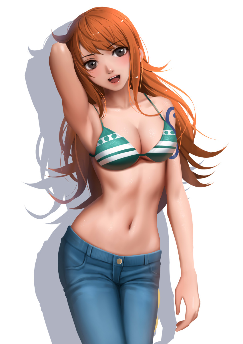 absurdres arm_up armpits bikini_top blush breasts brown_eyes cleavage cowboy_shot denim eyebrows_visible_through_hair highres jeans looking_at_viewer medium_breasts nami_(one_piece) navel one_piece open_mouth orange_hair pants silhouette solo standing tattoo white_background zyl