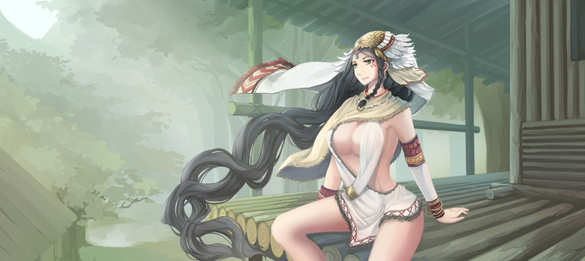 bangle black_hair blurry blurry_background bracelet braid breasts cleavage detached_sleeves earrings facial_mark forest headdress highres jewelry kikivi large_breasts long_hair nature no_bra original outdoors sitting smile solo