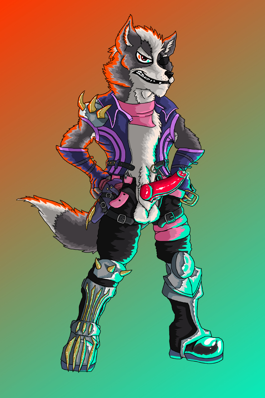 2018 absurd_res animal_genitalia animal_penis anthro bandanna belt boots canine canine_penis clothed clothing digital_media_(artwork) erection eye_patch eyewear footware footwear fur gradient_background grey_fur grin gun hi_res jacket kadisurmik knot leather looking_at_viewer male mammal nintendo open_pants pants penis pose precum presenting ranged_weapon red_penis sheath shoulder_pad simple_background smile solo spike_(disambiguation) standing star_fox super_smash_bros._ultimate video_games weapon wolf wolf_o'donnell