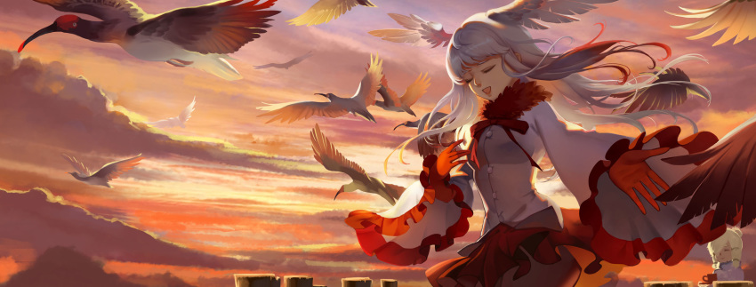 alpaca_suri_(kemono_friends) bird chinese_commentary closed_eyes cloud commentary_request floating_hair frilled_sleeves frills fur_collar gloves head_wings highres japanese_crested_ibis japanese_crested_ibis_(kemono_friends) kemono_friends long_hair long_sleeves multicolored_hair multiple_girls music open_mouth outdoors outstretched_arm pantyhose red_gloves red_hair red_legwear red_skirt shirt singing skirt smile solo_focus sunset white_hair white_shirt wide_sleeves zhiou00