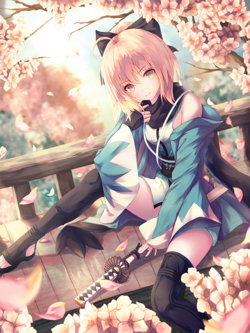 ahoge black_bow black_gloves black_legwear black_scarf blonde_hair blurry blurry_background bow cherry_blossoms fate_(series) fingerless_gloves gloves h2o_(dfo) hair_bow highres japanese_clothes katana kimono koha-ace legs_apart looking_at_viewer medium_hair okita_souji_(fate) okita_souji_(fate)_(all) petals railing scarf short_hair sitting sleeveless sleeveless_kimono smile solo sword weapon yellow_eyes