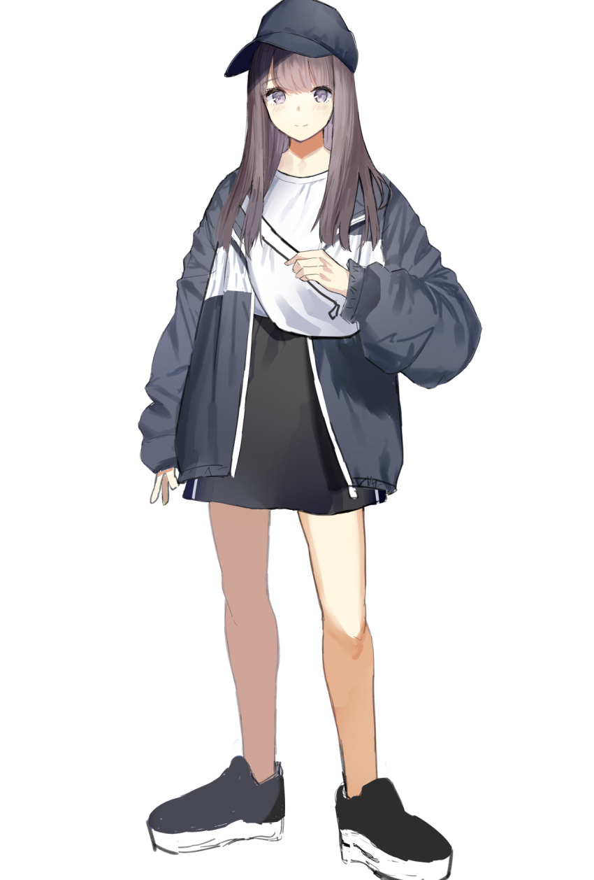 aquna black_footwear black_skirt blush brown_hair closed_mouth commentary_request full_body grey_eyes hat highres jacket long_hair long_sleeves looking_at_viewer original shoes simple_background skirt smile solo white_background