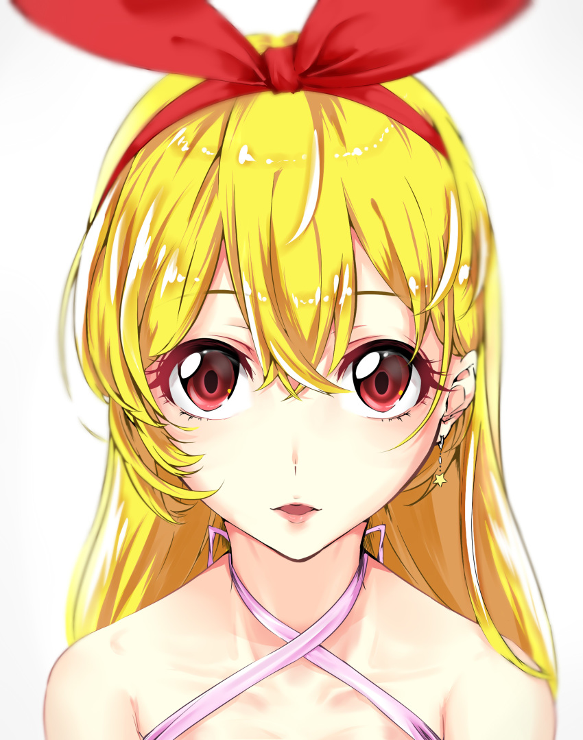 absurdres aikatsu! aikatsu!_(series) blonde_hair brown_eyes collarbone earrings hair_between_eyes hair_ribbon hairband halterneck highres hoshimiya_ichigo jewelry long_hair looking_at_viewer open_mouth portrait red_hairband red_ribbon ribbon simple_background solo star star_earrings takuwanko white_background