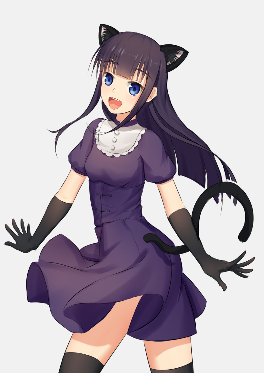 :d anarchojs animal_ears bangs black_gloves black_hair black_legwear blue_eyes blunt_bangs cat_ears cat_tail cowboy_shot dress elbow_gloves eyebrows_visible_through_hair gloves grey_background highres hime_cut long_hair looking_at_viewer open_mouth purple_dress short_dress short_sleeves sidelocks simple_background smile solo standing tail thighhighs working!! yamada_aoi