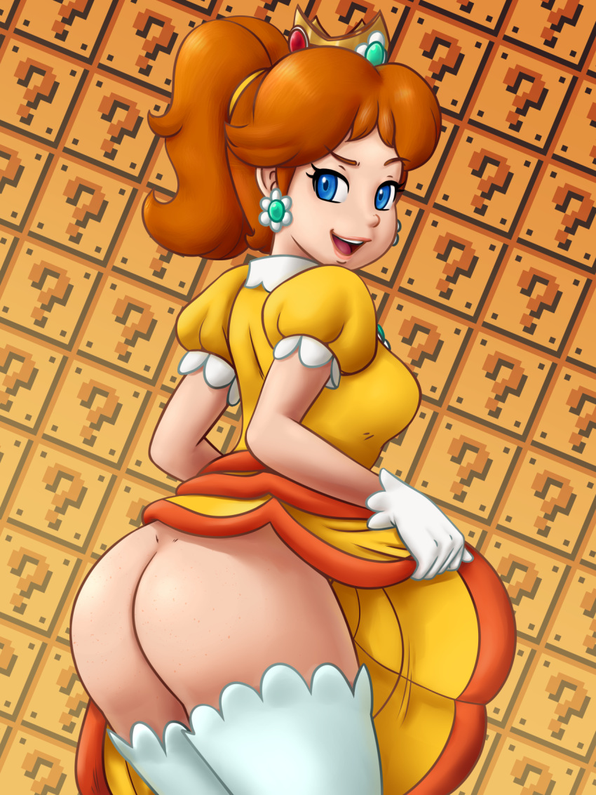 1girl ass blue_eyes breasts brown_hair crown dress dress_lift earrings freckles from_behind gloves gradient gradient_background huge_ass large_breasts lifted_by_self looking_at_viewer looking_back mario_(series) mooning no_panties open_mouth ponytail princess_daisy revtilian skirt_lift solo super_mario_bros. super_mario_land teeth thighhighs
