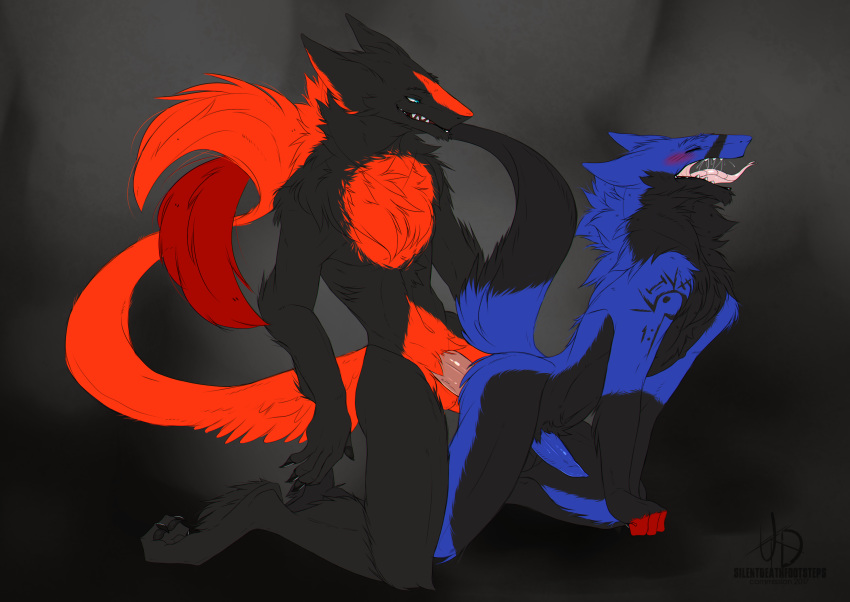 absurd_res all_fours anal anal_penetration anthro balls blue_eyes blush claws doggystyle domination eyes_closed from_behind_position hans_sergal hi_res male male/male moan paws penetration penis raised_tail sergal sex silentdeathfootsteps smile smirk teeth tongue tongue_out