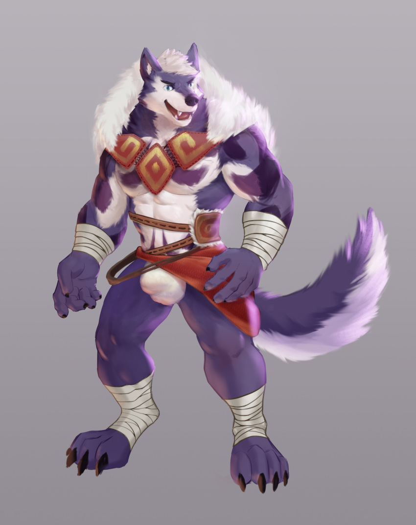 2018 anthro bulge canine clothed clothing digital_media_(artwork) fur male mammal muscular muscular_male pecs simple_background totemmo wolf