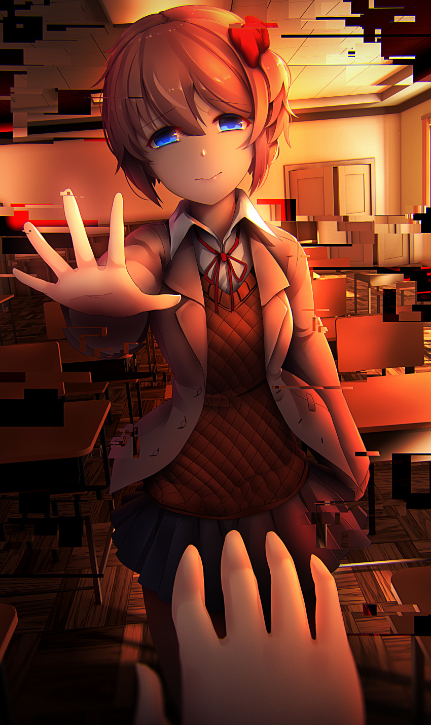 absurdres blue_eyes blue_skirt bow classroom commentary commission desk doki_doki_literature_club english_commentary glitch hair_between_eyes hair_bow highres looking_at_viewer out_of_frame outstretched_arm pov pov_hands red_bow sayori_(doki_doki_literature_club) school_desk school_uniform short_hair skirt solo_focus sunset tsukimaru