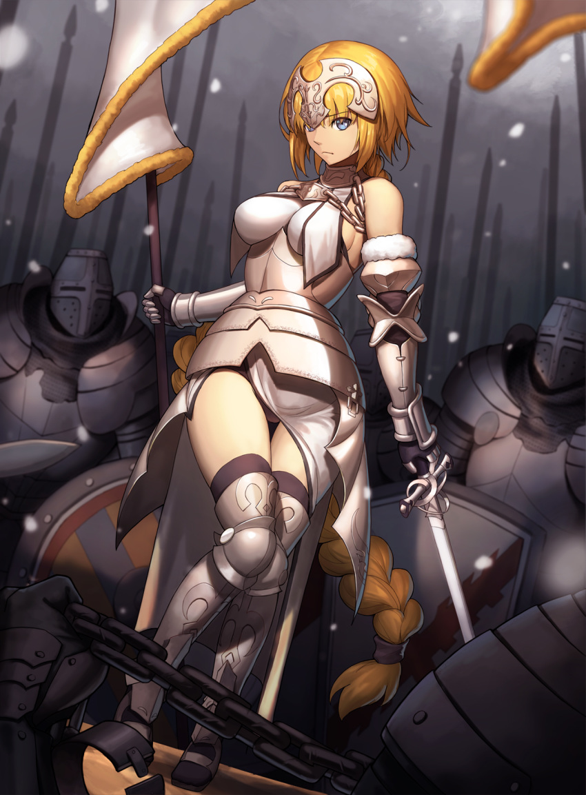 armor army bare_shoulders black_gloves black_legwear blonde_hair blue_eyes braid breasts chain elbow_gloves fate/apocrypha fate_(series) flag full_body gauntlets gloves greaves helmet highres holding holding_sword holding_weapon jeanne_d'arc_(fate) jeanne_d'arc_(fate)_(all) long_hair looking_at_viewer md5_mismatch solo_focus sword thighhighs tsuki_suigetsu very_long_hair weapon