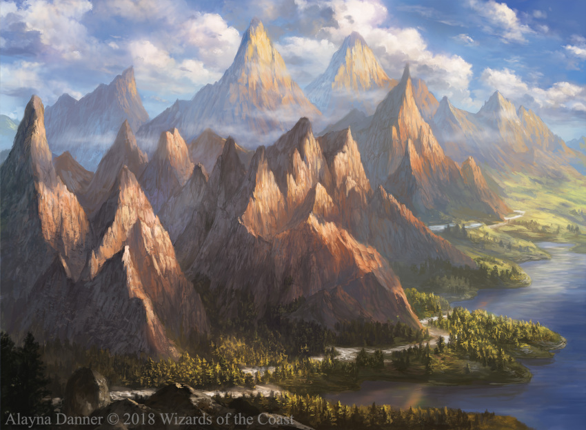 artist_name blue_sky cloud cloudy_sky commentary day english_commentary forest highres landscape magic:_the_gathering mountain nature no_humans ocean official_art river scenery sky valley watermark