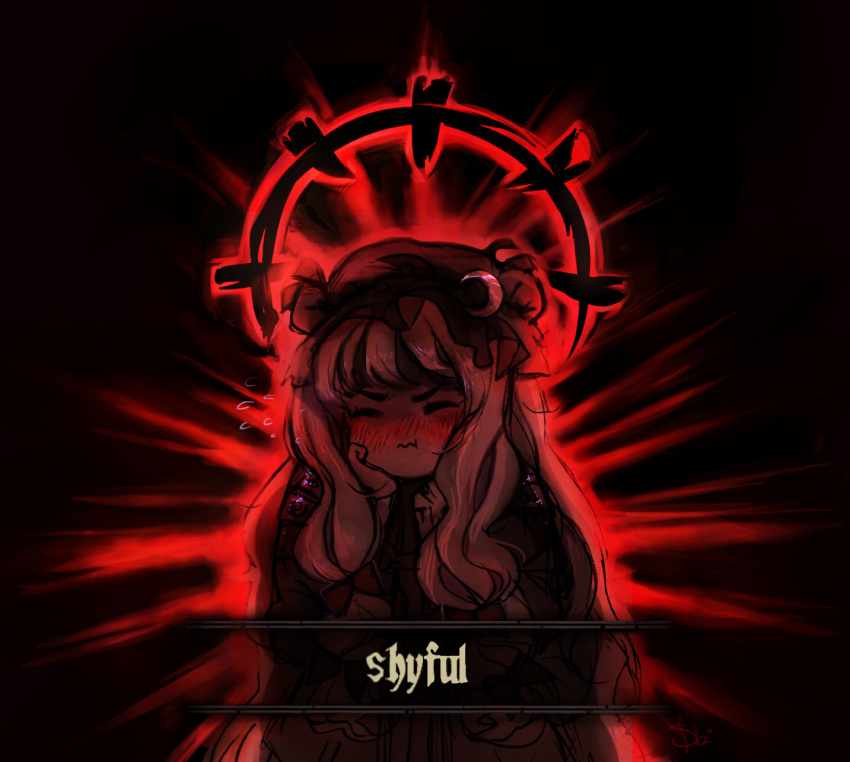 affliction_(darkest_dungeon) backlighting bangs blush bow closed_eyes closed_mouth crescent crescent_moon_pin dark darkest_dungeon darkness embarrassed english flying_sweatdrops frilled_hat frills gameplay_mechanics hair_ribbon hands_on_own_cheeks hands_on_own_face hat hat_ribbon highres long_hair mob_cap nose_blush pajamas parody patchouli_knowledge ribbon sidelocks signature simple_background solo svveet touhou wavy_mouth