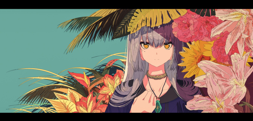 collarbone fern flower highres kogecha_(coge_ch) long_hair looking_at_viewer necktie original purple_hair solo yellow_eyes