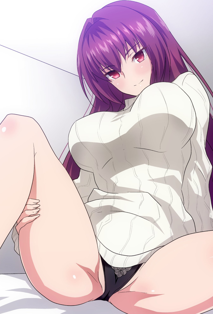 bangs black_panties breasts commentary_request fate/grand_order fate_(series) fingernails hera_(hara0742) highres indoors large_breasts long_hair long_sleeves looking_at_viewer panties purple_hair red_eyes ribbed_sweater scathach_(fate)_(all) scathach_(fate/grand_order) sitting smile spread_legs sweater underwear white_sweater