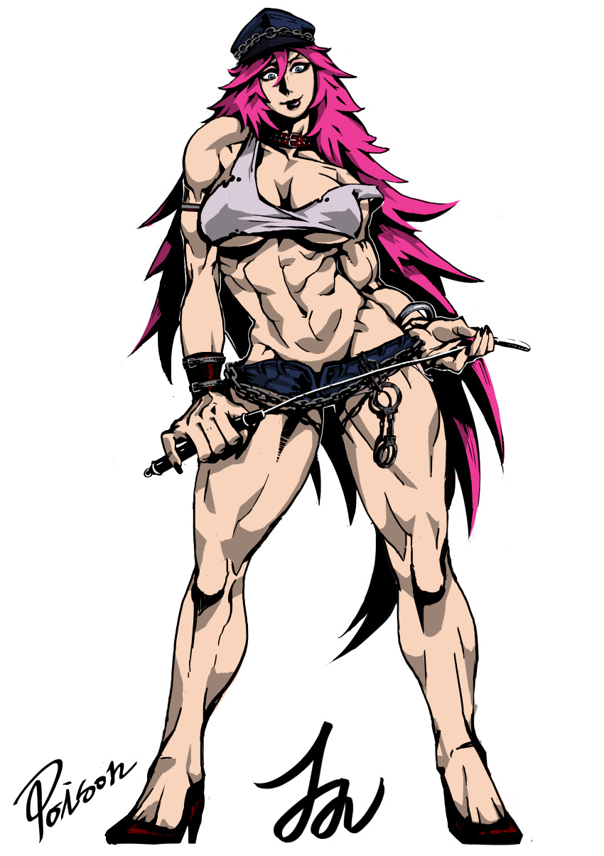 1girl abs blue_eyes breasts cap choker female final_fight handcuffs high_heels jazon lipstick long_hair looking_at_viewer muscle muscular_female navel pink_hair poison_(final_fight) solo street_fighter toned whip