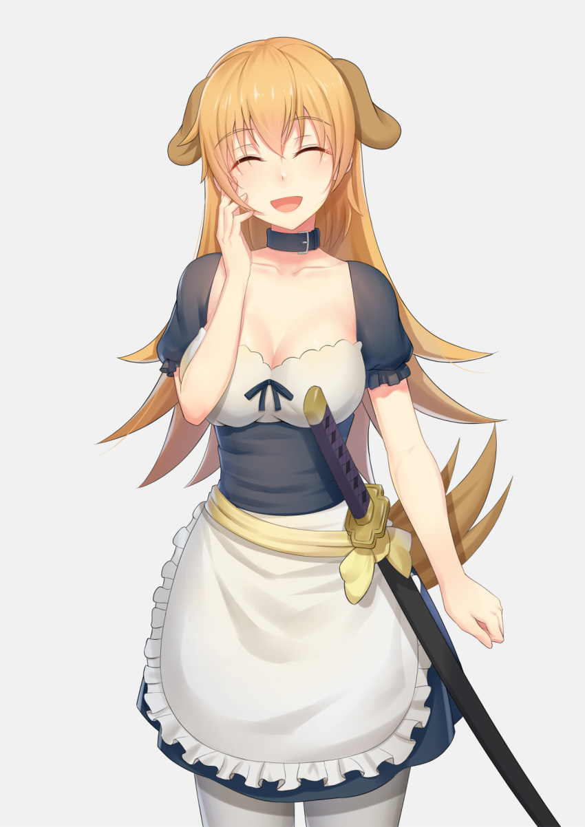 anarchojs animal_ears apron black_skirt blonde_hair breasts cleavage closed_eyes collar collarbone cowboy_shot dog_ears dog_tail eyebrows_visible_through_hair frilled_apron frills grey_background hair_between_eyes hand_on_own_cheek head_tilt highres long_hair maid medium_breasts miniskirt open_mouth pantyhose sheath short_sleeves simple_background skirt smile solo standing tail todoroki_yachiyo very_long_hair white_apron white_legwear working!!