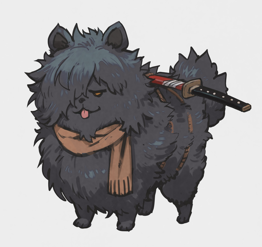 animal_focus animalization brown_scarf check_commentary commentary_request dog fate/grand_order fate_(series) fluffy full_body grey_background highres jitome katana lack looking_at_viewer no_humans okada_izou_(dog) okada_izou_(fate) pomeranian_(dog) scabbard scarf sheath simple_background solo sword tongue tongue_out weapon