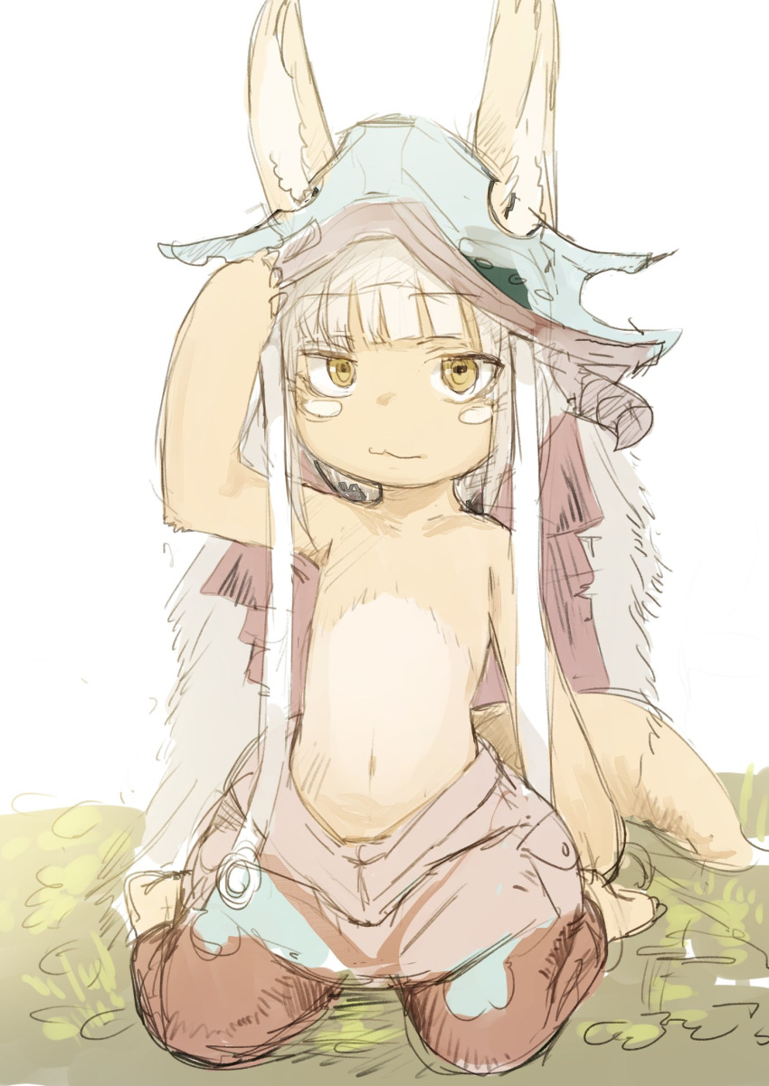 :3 bangs barefoot blunt_bangs closed_mouth commentary_request ears_through_headwear eyebrows_visible_through_hair furry highres hiranko horns kneeling looking_at_viewer made_in_abyss nanachi_(made_in_abyss) navel orange_eyes pants paws short_hair_with_long_locks sidelocks simple_background solo topless whiskers white_background