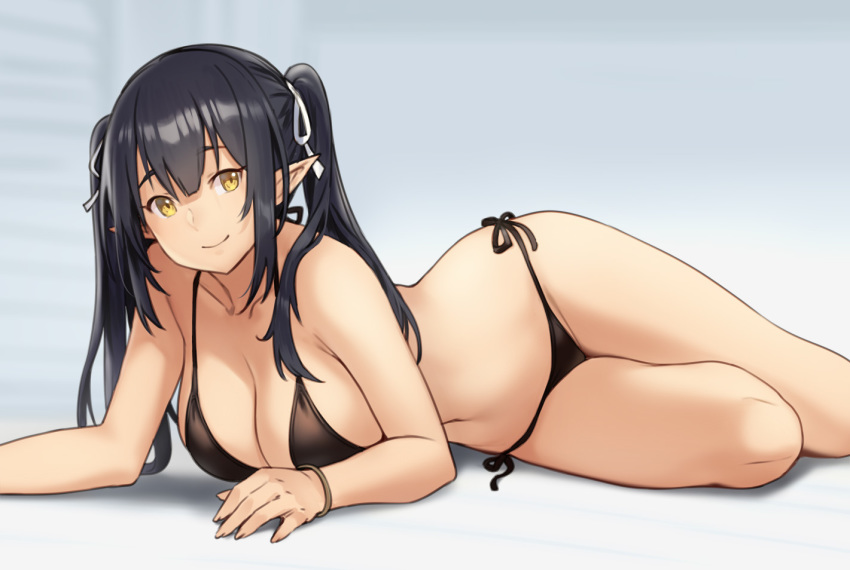 bangs bare_shoulders bikini black_bikini black_hair bracelet breasts cleavage collarbone elf_(houtengeki) hair_between_eyes hair_ribbon hips houtengeki jewelry large_breasts long_hair looking_at_viewer lying navel on_side original pointy_ears ribbon side-tie_bikini sidelocks smile solo swimsuit thighs twintails yellow_eyes