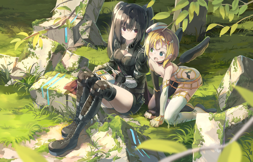 black_hair blonde_hair blue_eyes cleavage_cutout fingerless_gloves gloves green_eyes hat heterochromia highres huanxiang_huifeng long_hair million_arthur_(series) multiple_girls obentou red_eyes ruins short_hair sitting thighhighs two_side_up wings