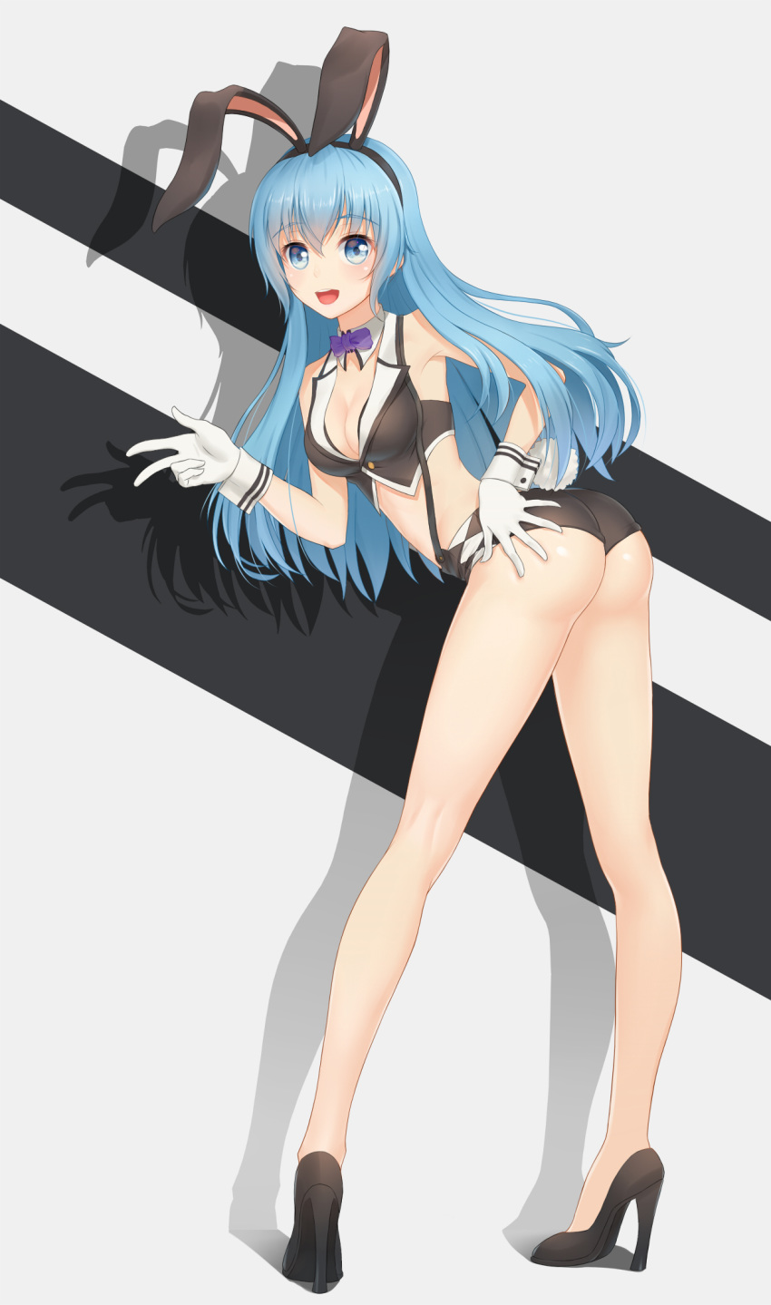 :d anarchojs animal_ears ass bangs black_footwear black_hairband black_shorts blue_eyes blue_hair blunt_bangs bow bowtie breasts bunny_ears bunny_girl bunnysuit choker cleavage crop_top fake_animal_ears floating_hair full_body gloves hair_down hairband hand_on_ass hatsune_miku high_heels highres leaning_forward long_hair looking_at_viewer medium_breasts micro_shorts midriff open_mouth pumps purple_bow purple_neckwear shadow shiny shiny_clothes shorts silhouette sleeveless smile solo standing suspender_shorts suspenders very_long_hair vocaloid w white_gloves wrist_cuffs