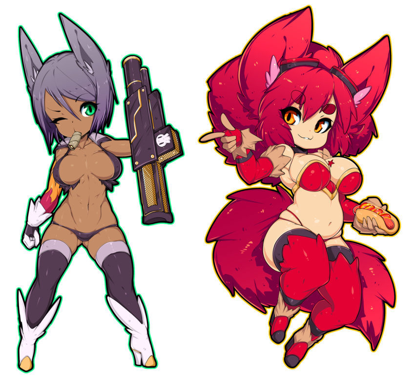 :3 ass_visible_through_thighs boots bra breasts chibi commentary dark_skin elbow_gloves english_commentary eyebrows_visible_through_hair full_body gloves green_eyes grey_hair gun headgear high_heel_boots high_heels holding holding_gun holding_weapon hot_dog large_breasts legs_apart long_hair mouth_hold multiple_girls navel one_eye_closed orange_eyes original panties purple_legwear red_bra red_hair red_legwear red_panties rifle short_hair skindentation slugbox smile tail thick_eyebrows thighhighs transparent_background underwear weapon white_footwear