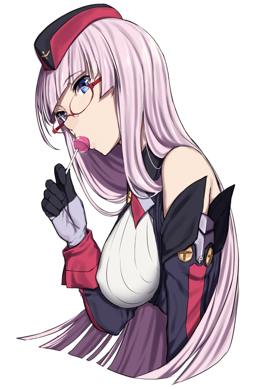azur_lane bangs bare_shoulders blue_eyes blunt_bangs breasts candy elbow_gloves eyebrows_visible_through_hair food from_side garrison_cap glasses gloves gneisenau_(azur_lane) hat highres holding large_breasts lollipop long_hair looking_at_viewer pink_hair red-framed_eyewear sblack simple_background solo upper_body white_background