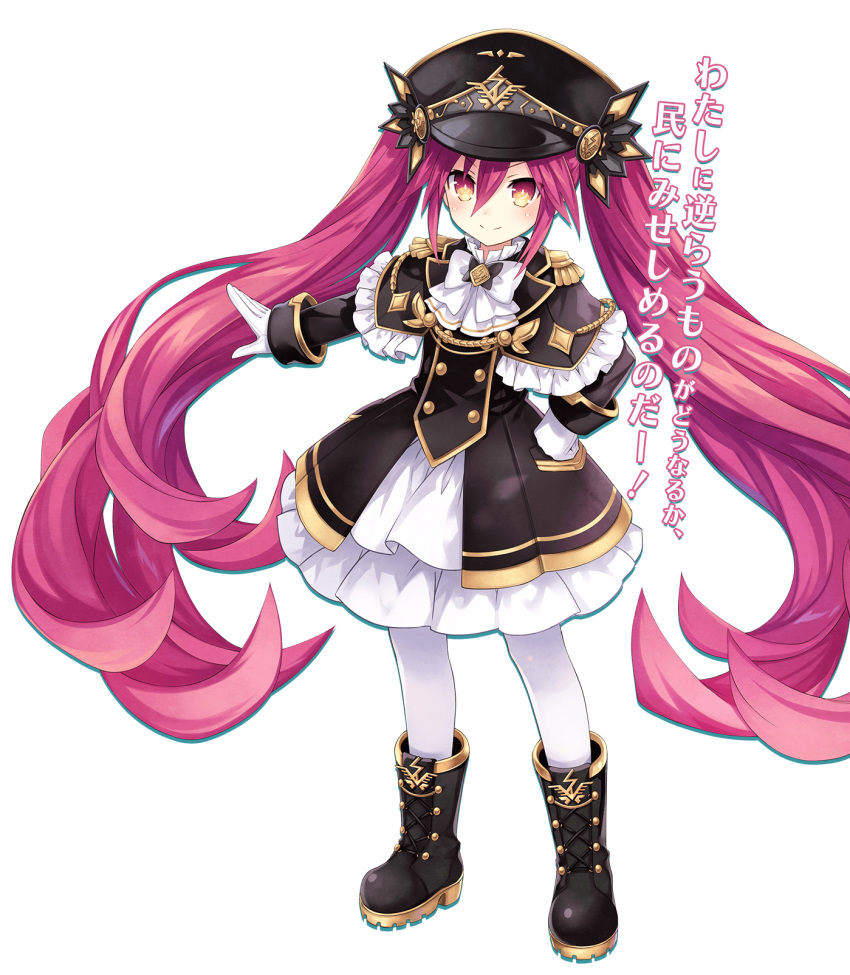 blush boots brave_neptune dress filin_(neptune) frills hat highres long_hair neptune_(series) official_art pantyhose power_symbol red_hair ribbon solo tsunako twintails yellow_eyes