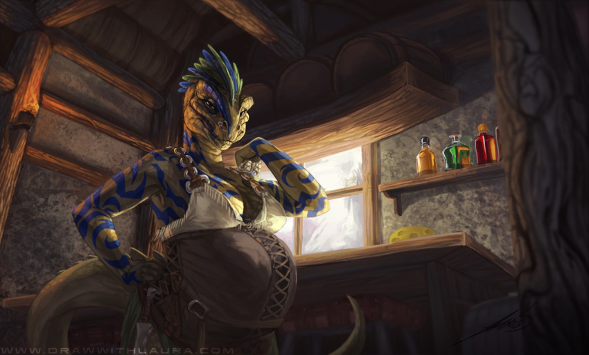 argonian barrel bottle breasts cheese clothed clothing drawwithlaura female fire food knife lifts-her-tail piercing pregnant reptile scalie shelf stool table the_elder_scrolls torch video_games window