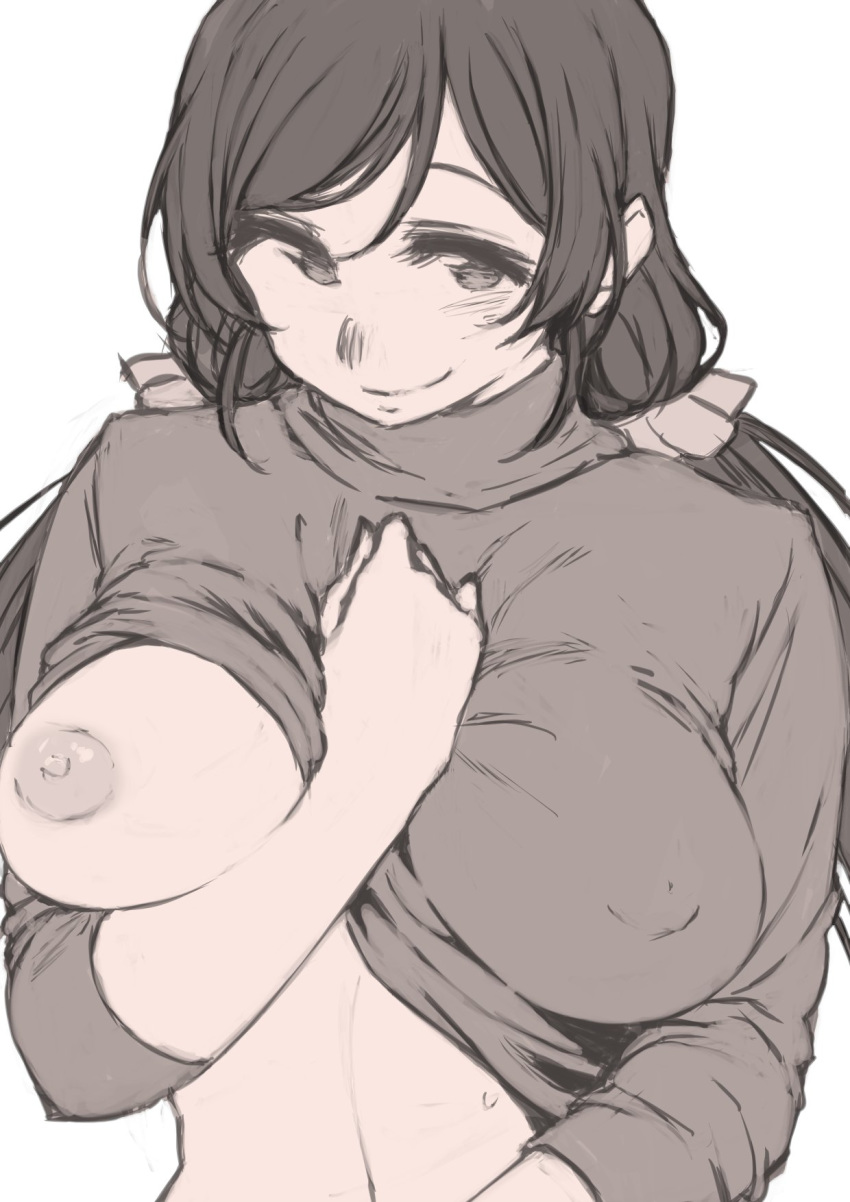 arm_between_breasts ayumu-k between_breasts blush breasts commentary_request covered_nipples greyscale hand_between_breasts highres large_breasts lifted_by_self long_hair looking_at_viewer love_live! love_live!_school_idol_project monochrome nipples one_breast_out oppai_challenge scrunchie seductive_smile shirt shirt_lift simple_background smile solo sweat toujou_nozomi twintails upper_body white_background
