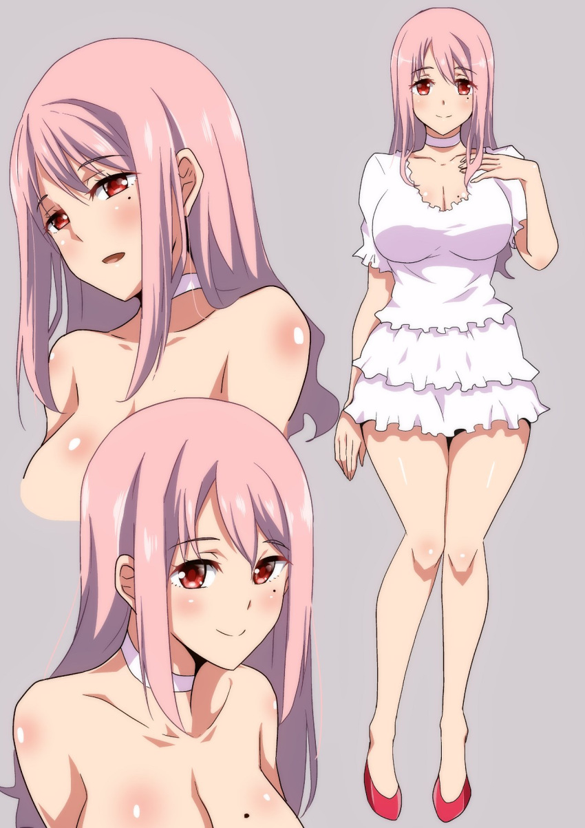 blush breasts choker cleavage closed_mouth collarbone commentary_request dress eyebrows_visible_through_hair frilled_dress frills full_body hera_(hara0742) highres large_breasts long_hair looking_at_viewer mole mole_on_breast mole_under_eye multiple_views original pink_eyes pink_hair puffy_short_sleeves puffy_sleeves red_eyes red_footwear short_sleeves smile white_choker white_dress