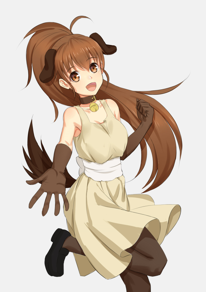 :d ahoge anarchojs animal_ears back_bow bangs bell bell_collar black_footwear blunt_bangs bow breasts brown_eyes brown_gloves brown_hair brown_legwear cleavage collar collarbone dog_ears dog_tail dress elbow_gloves eyebrows_visible_through_hair floating_hair gloves grey_background grey_dress hair_between_eyes high_ponytail highres leg_up loafers long_hair looking_at_viewer medium_breasts open_mouth outstretched_arm pantyhose shoes short_dress simple_background sleeveless sleeveless_dress smile solo standing standing_on_one_leg tail taneshima_popura very_long_hair white_bow working!!