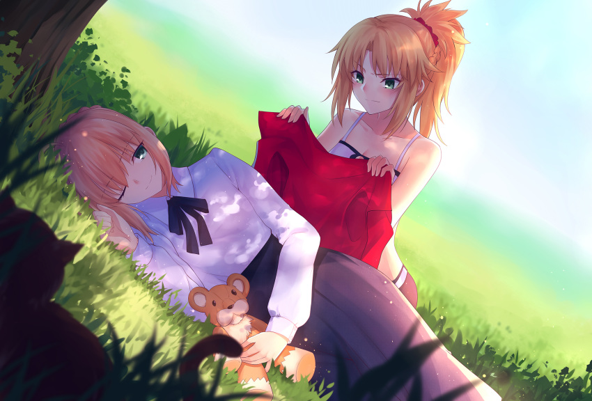 artoria_pendragon_(all) blanket blonde_hair blue_skirt blush bow bowtie casual collarbone commentary_request eyebrows_visible_through_hair eyes_visible_through_hair fate/apocrypha fate/grand_order fate/stay_night fate_(series) gogatsu_fukuin grass green_eyes highres long_skirt looking_at_another lying mordred_(fate) mordred_(fate)_(all) multiple_girls one_eye_closed ponytail red_scrunchie saber school_uniform scrunchie shade skirt smile stuffed_animal stuffed_toy teddy_bear tree