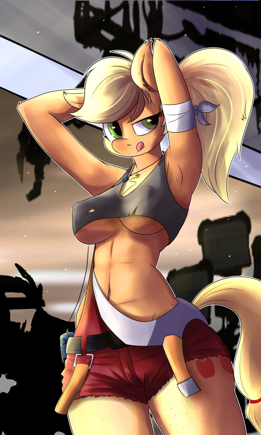 2018 absurd_res alternate_hairstyle anthro applejack_(mlp) arms_above_head bandage big_breasts blonde_hair breasts clothed clothing cutie_mark cutoffs denim_shorts earth_pony equine erect_nipples eyelashes female freckles friendship_is_magic fully_clothed green_eyes hair hands_behind_head hi_res horse huckser jewelry mammal mechanic my_little_pony navel necklace nipple_bulge nipples pony ponytail portrait pose science_fiction shirt shorts solo standing tank_top three-quarter_portrait tongue tongue_out under_boob