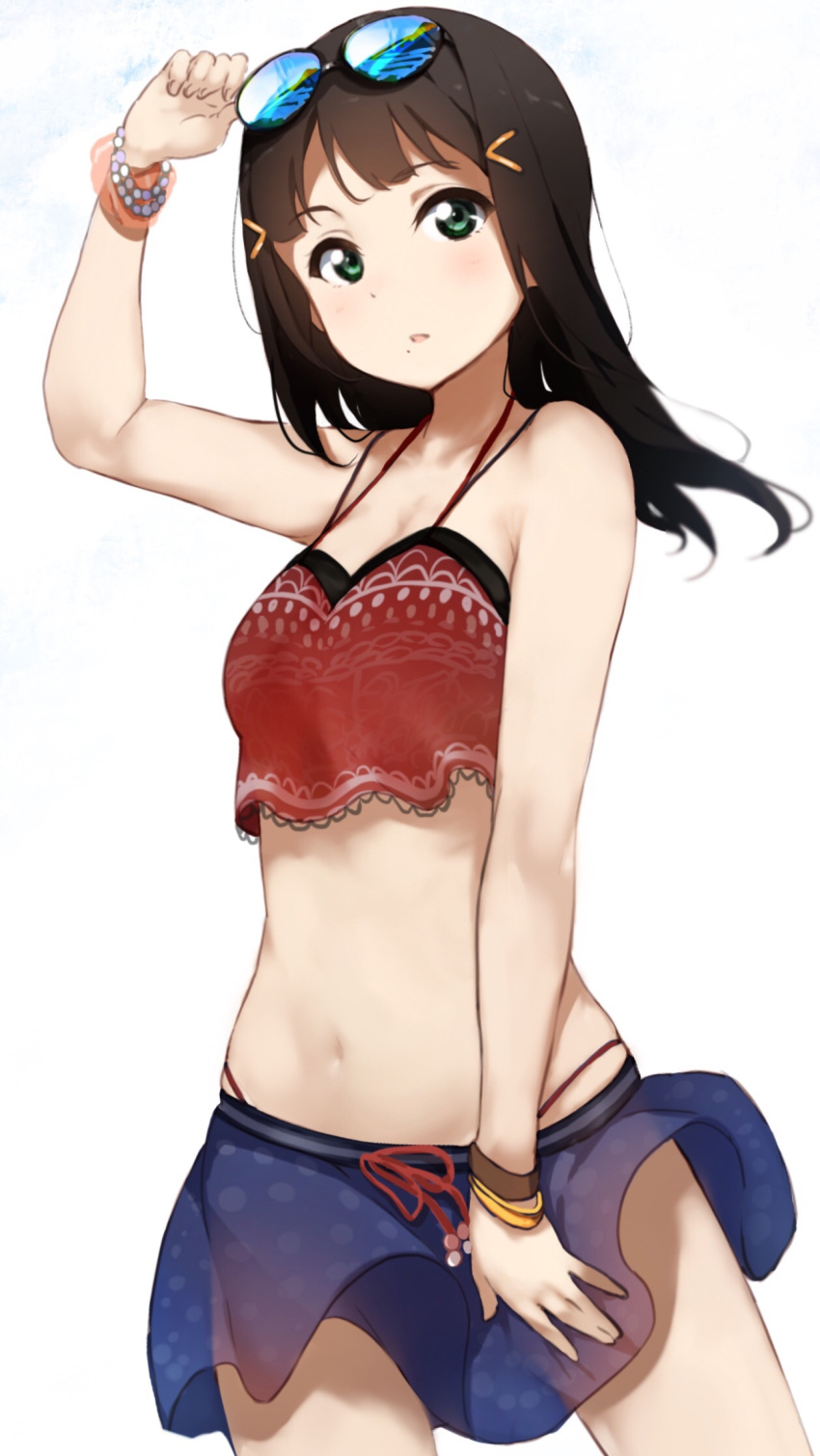 :o \||/ adjusting_eyewear arm_up bad_id bad_pixiv_id bangs bikini_skirt black_hair bracelet breasts clenched_hand collarbone cowboy_shot crop_top crop_top_overhang eyewear_on_head green_eyes hair_ornament hairclip highres icehotmilktea jewelry kurosawa_dia long_hair love_live! love_live!_sunshine!! midriff mole mole_under_mouth navel parted_lips skindentation small_breasts solo sunglasses white_background