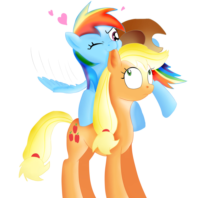 applejack_(mlp) bite cutie_mark duo ear_biting earth_pony equine female feral friendship_is_magic hair horse jbond mammal multicolored_hair my_little_pony one_eye_closed painting pegasus pony rainbow_dash_(mlp) simple_background white_background wings