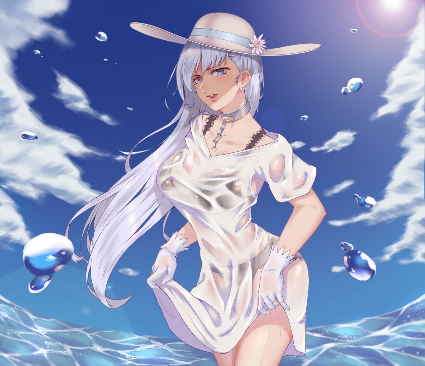 absurdres azur_lane bangs belfast_(azur_lane) black_bra black_panties blue_eyes blue_sky blush bra braid breasts chain cloud collar collarbone commentary_request day dress dress_lift earrings eyebrows_visible_through_hair french_braid gloves half-closed_eyes hat head_tilt highres jewelry kamkac large_breasts lingerie long_hair looking_at_viewer ocean outdoors panties ring see-through sidelocks silver_hair sky smile solo sun_hat underwear water_drop wedding_band wet wet_clothes white_gloves