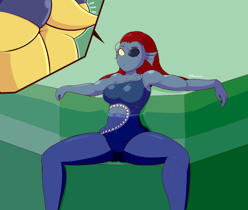 2018 abs alphys big_butt blue_skin breasts butt clothed clothing digital_media_(artwork) eye_patch eyewear female fish freepancakes hair hi_res humanoid marine navel not_furry red_hair reptile scalie shark_swimsuit simple_background sitting swimsuit undertale undyne video_games