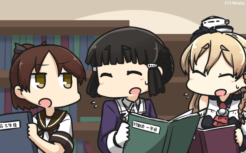 ^_^ ^o^ black_hair blonde_hair book bookshelf brown_eyes brown_hair brown_sailor_collar closed_eyes commentary dated flying_sweatdrops gloves hamu_koutarou hat highres holding holding_book jacket jitome kantai_collection long_hair long_sleeves mini_hat multiple_girls myoukou_(kantai_collection) open_mouth ponytail purple_jacket remodel_(kantai_collection) sailor_collar school_uniform serafuku shikinami_(kantai_collection) short_hair short_sleeves translated white_gloves white_hat zara_(kantai_collection)